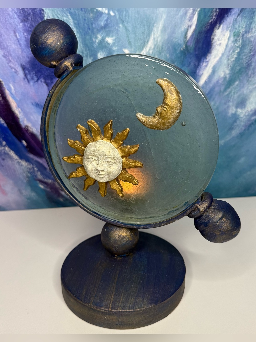 Sun & Moon Candle Holder Glass Metal Artist Signed Celestial Whimsigoth Y2K 90s